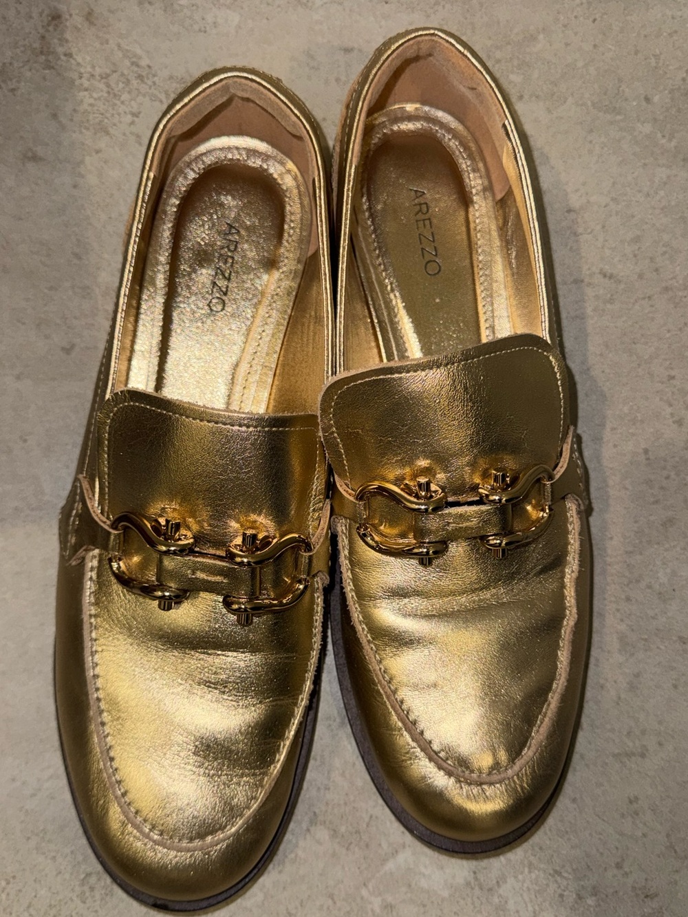 Arezzo Metallic Gold Leather Loafers